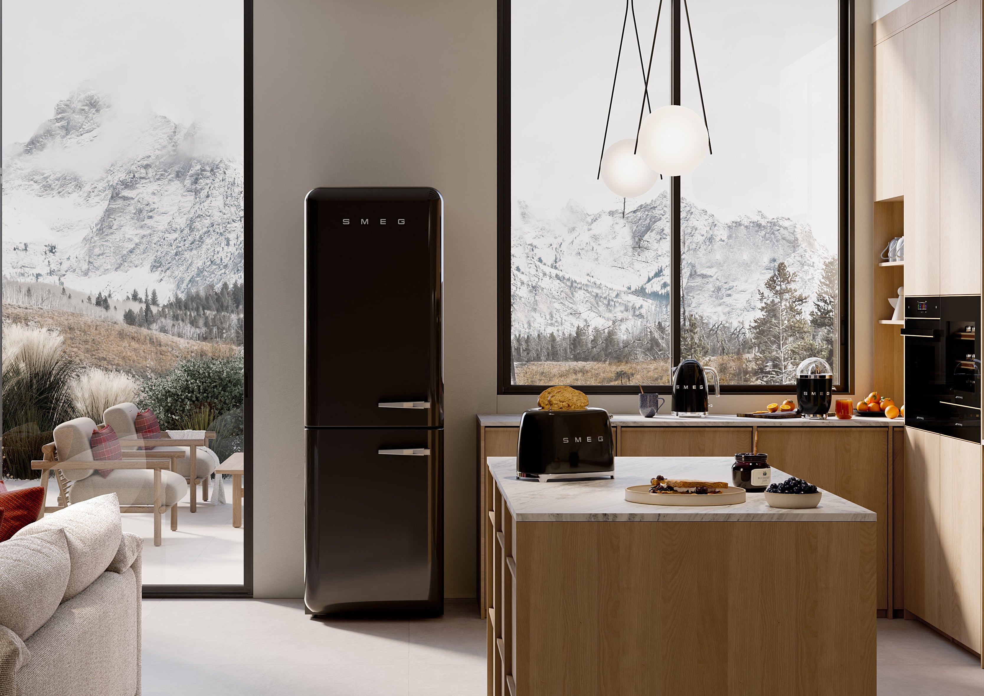 Modern kitchen and living room with a Christmas tree