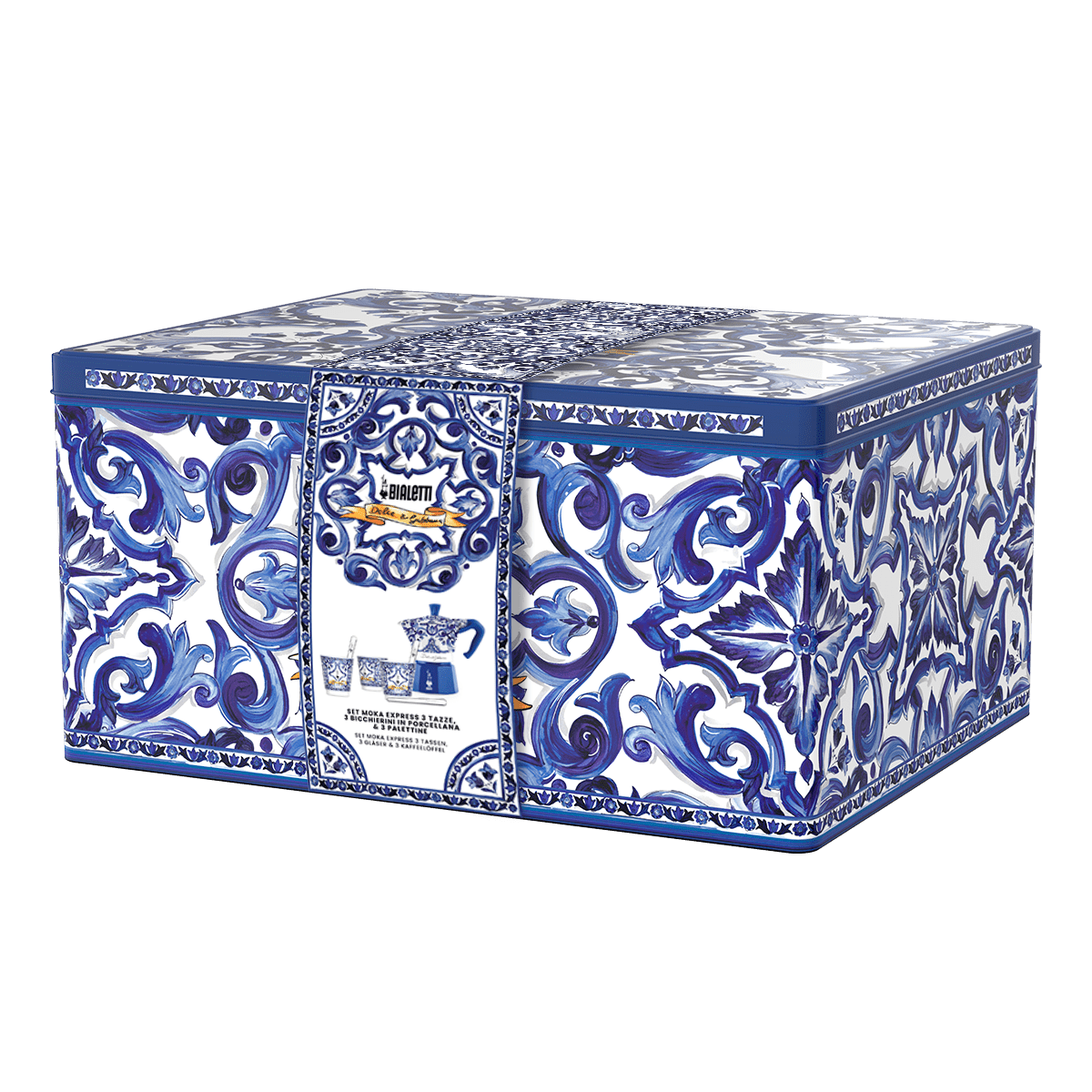Bialetti Dolce & Gabbana Box Moka Express Blu Mediterraneo za 6 šolj., 3 porcelanske šoljice i 3 srebrna mešača